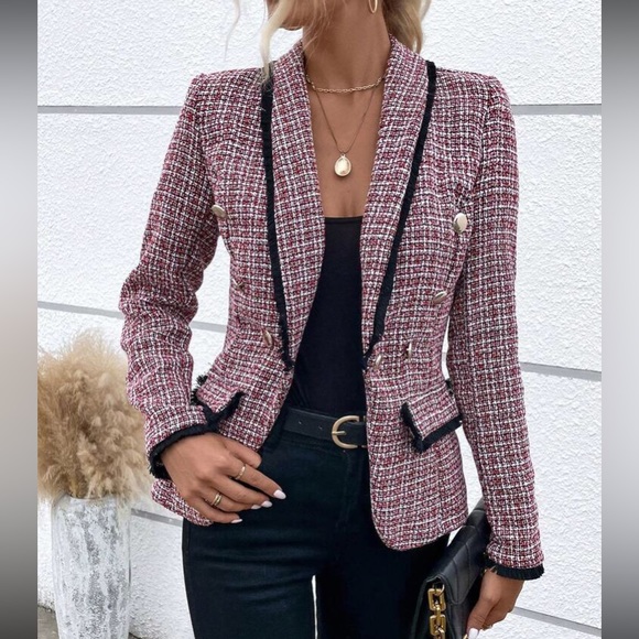 Luxe Plaid Tweed Button Down Blazer Jacket Coat - Picture 15 of 15